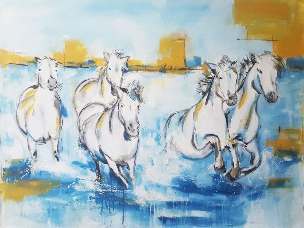 Künstlerin Stefanie Rogge, Camargue Pferde, großformatige Kunst, Gemälde Pferd