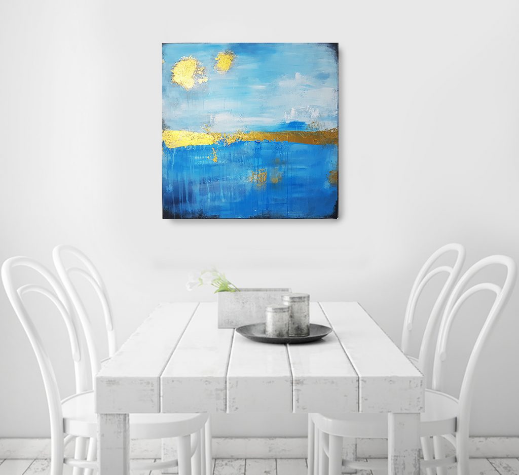 abstraktes Bild Meer, Küstenlicht von Stefanie Rogge, abstrakte Malerei in Blau und Gold direkt im Atelier kaufen