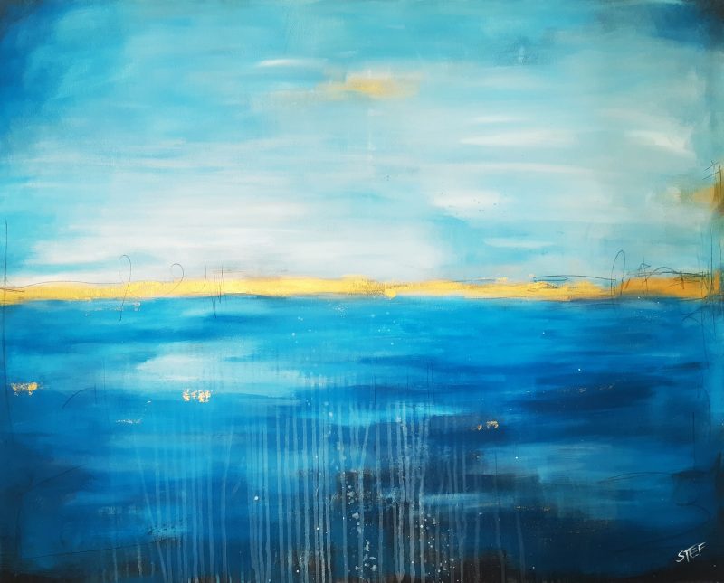 Abstraktes Acylbild aus dem Atelier von Stefanie Rogge, abstraktes Bild in Blau und Gold, abstrakte moderne Gemälde im Kunstshop