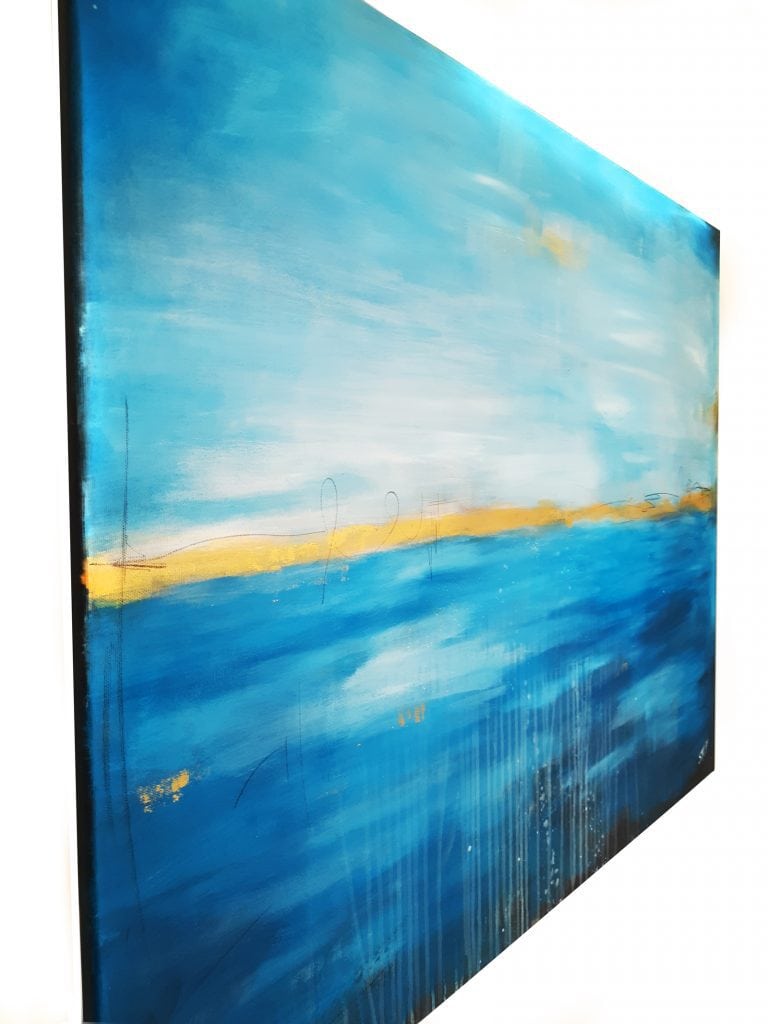 Abstraktes Acylbild aus dem Atelier von Stefanie Rogge, abstraktes Bild in Blau und Gold, abstrakte moderne Gemälde im Kunstshop