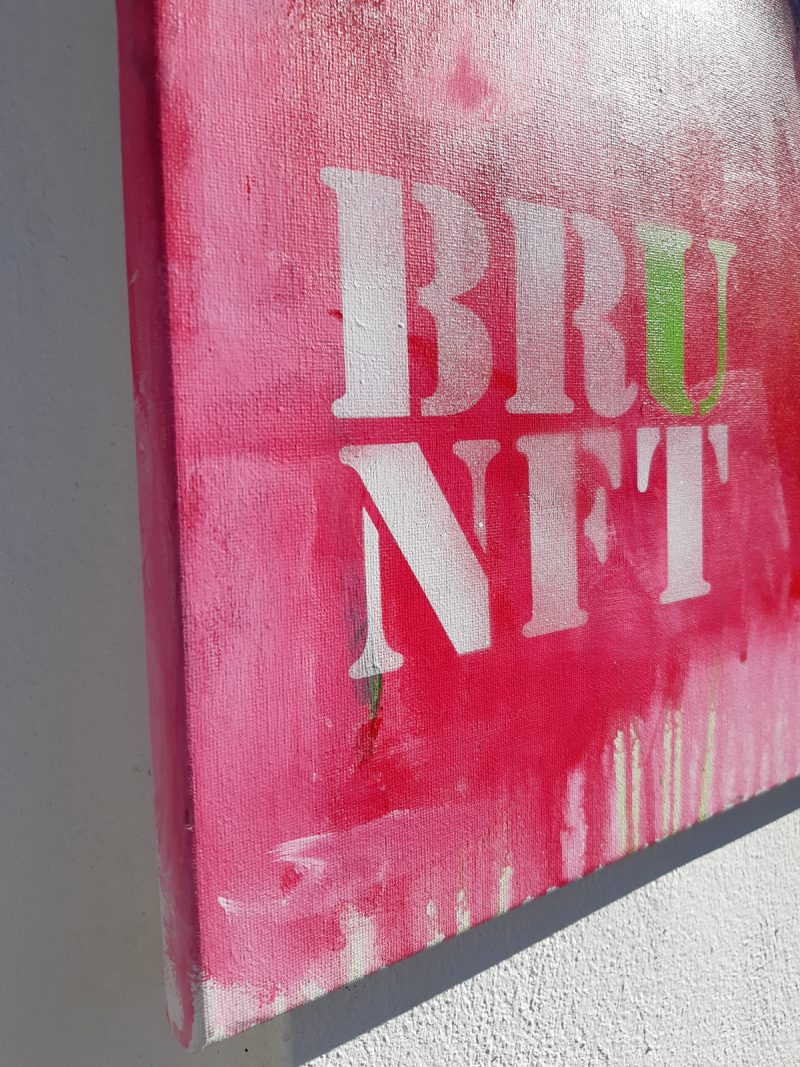 Detail Hirsch Gemälde modern 'BRUNFT' Original von Künstlerin Stefanie Rogge, großformatige Malerei PopArt in Neon, Typo, käuflich