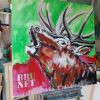 Hirsch Gemälde modern 'BRUNFT' im Studio Original von Künstlerin Stefanie Rogge, großformatige Malerei PopArt in Neon, Typo, käuflich