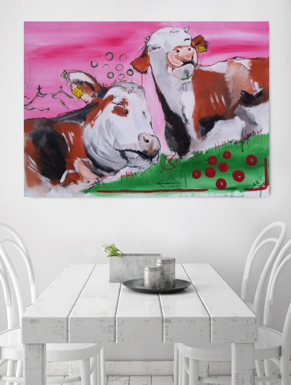 Hochwertige Kunstdrucke nach Original Malerei kaufen ** Zeitgenössische Malerei von Stefanie Rogge ** Kühe Bilder auf Leinwand, Genusskühe aus der Werkserie Kühe codiert