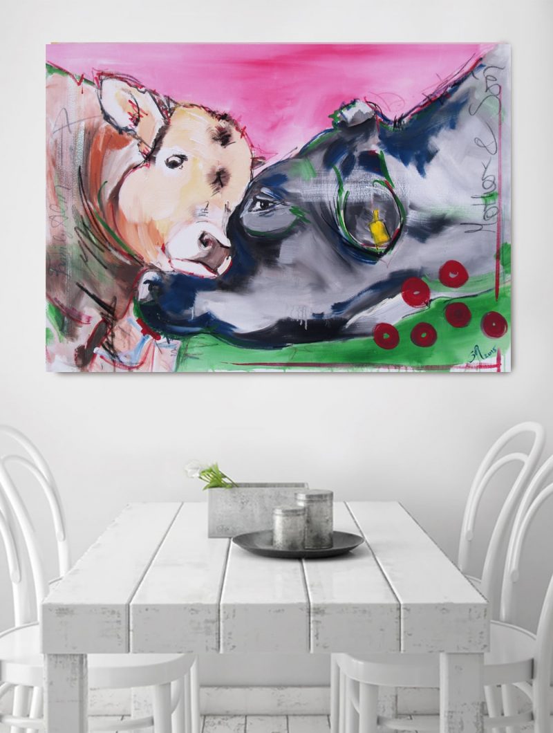 bild kuh leinwand: Kalb und Kuh aus der Werkserie „Kühe codiert” von Künstlerin Stefanie Rogge ** als hochwertiger Artprint zu bestellen