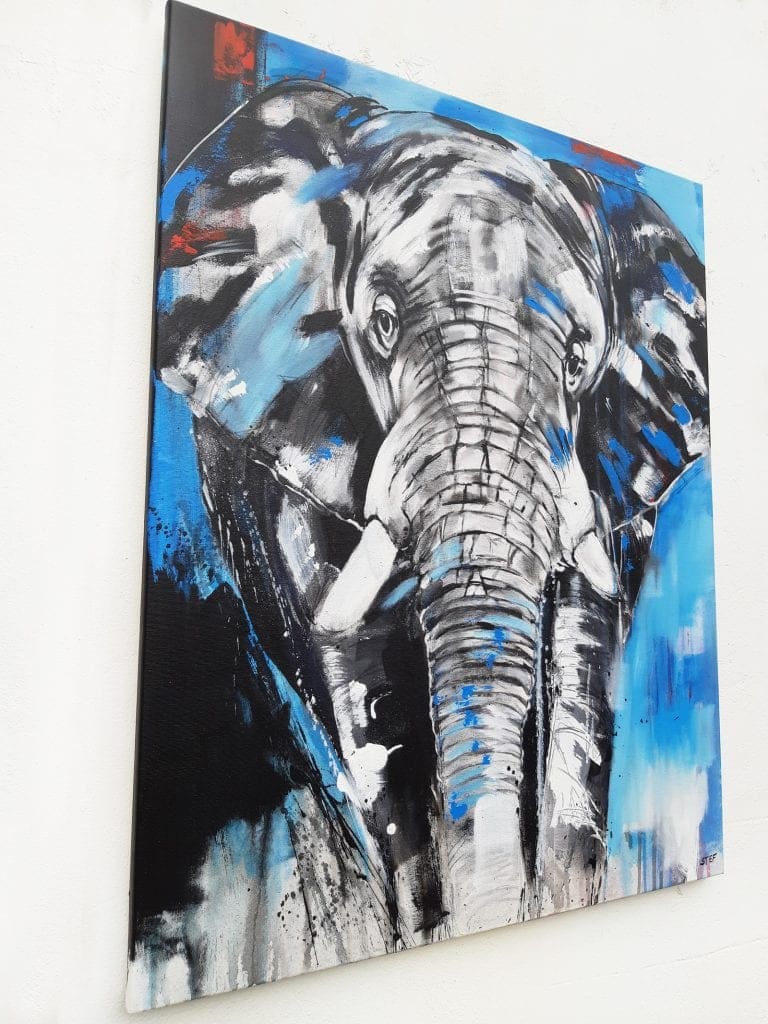 Gemälde eines Elefantenkopfes auf 80 x 100 cm Leinwand von Stefanie Rogge