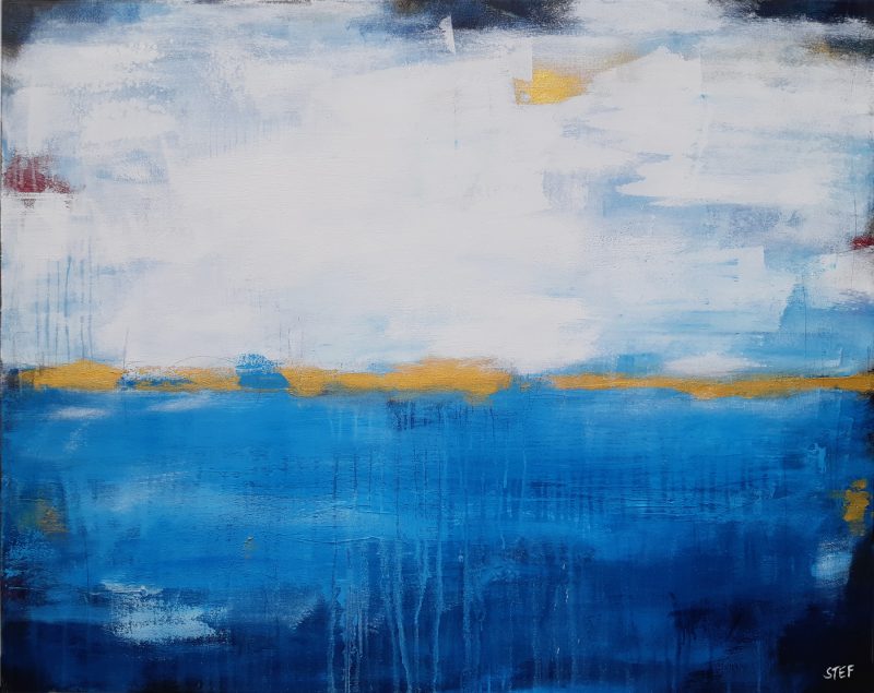 abstraktes Gemälde in Blau und Gold von Steafnie Rogge