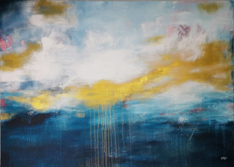 Großes modernes Gemälde in Blau und Gold, Meer, Ozean, maritimes Acrylgemälde von Stefanie Rogge