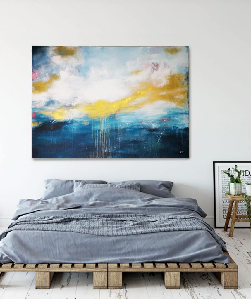 Großes modernes Gemälde in Blau und Gold, Meer, Ozean, maritimes Acrylgemälde von Stefanie Rogge