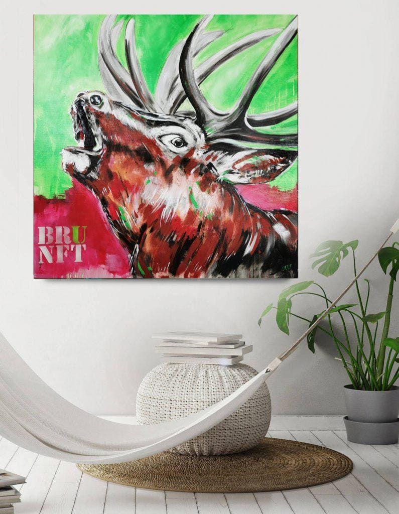 Bild Hirsch im Wohnraum, modern als Kunstdruck auf Leinwand