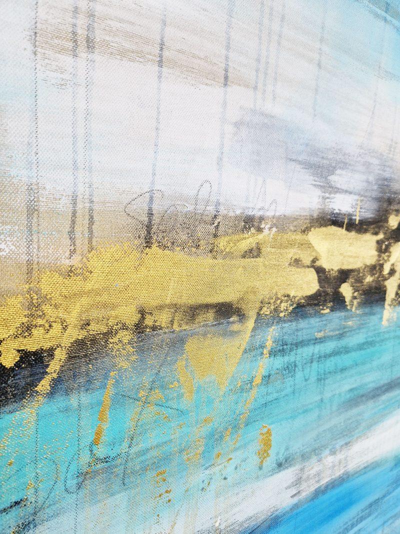 abstraktes Wandbild in sanftem Blau und gold