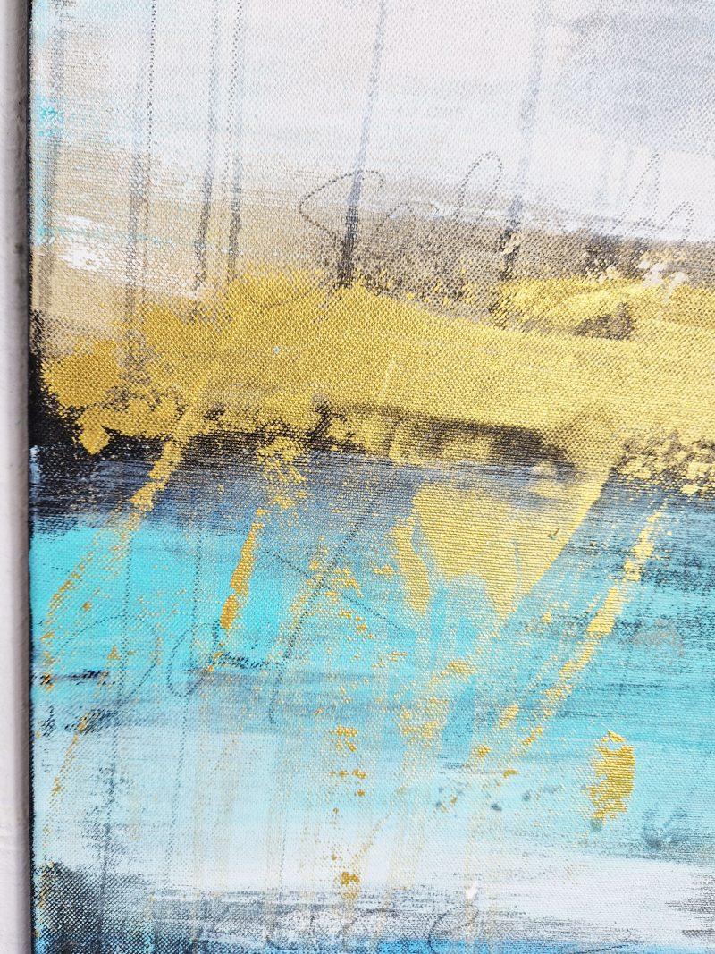 abstraktes Wandbild in sanftem Blau und gold