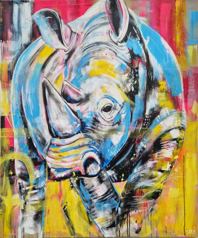 Original Nashorn Gemälde Acryl auf Leinwand bunt – Kunstwerk „Nashorn #6“ von Künstlerin Stefanie Rogge