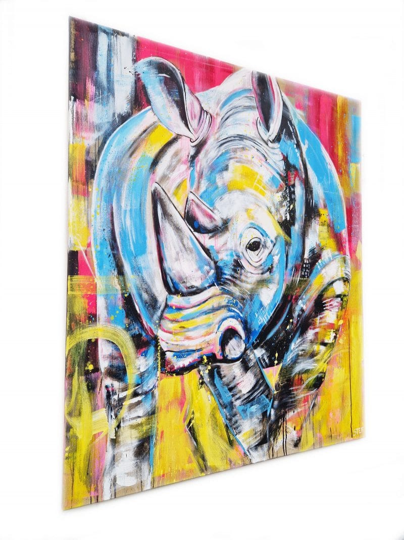 Original Nashorn Gemälde Acryl auf Leinwand bunt – Kunstwerk „Nashorn #6“ von Künstlerin Stefanie Rogge