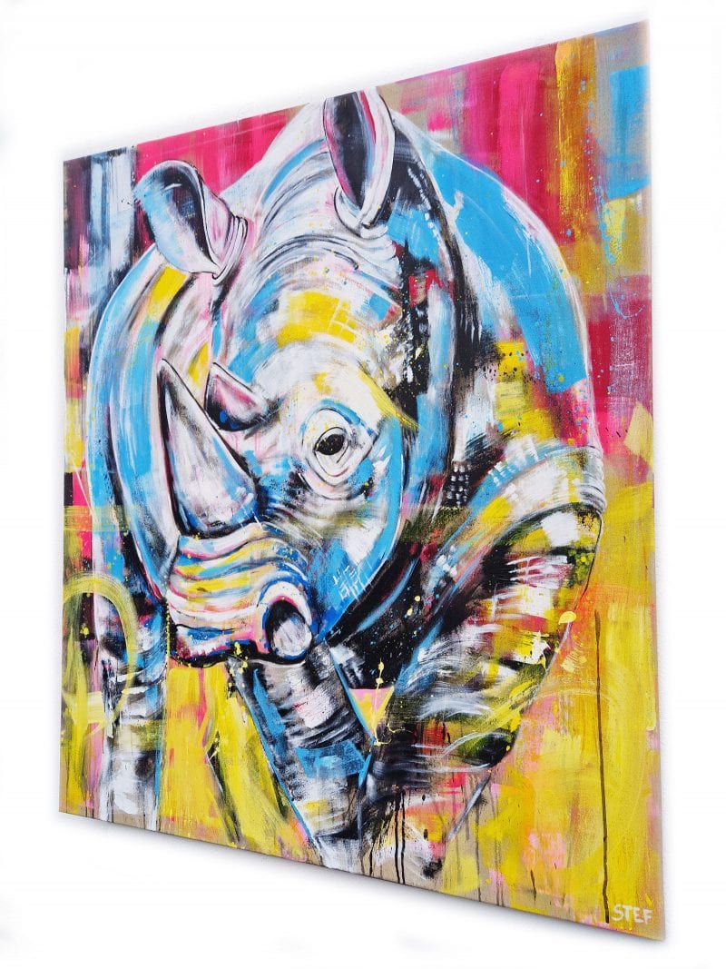 Original Nashorn Gemälde Acryl auf Leinwand bunt – Kunstwerk „Nashorn #6“ von Künstlerin Stefanie Rogge