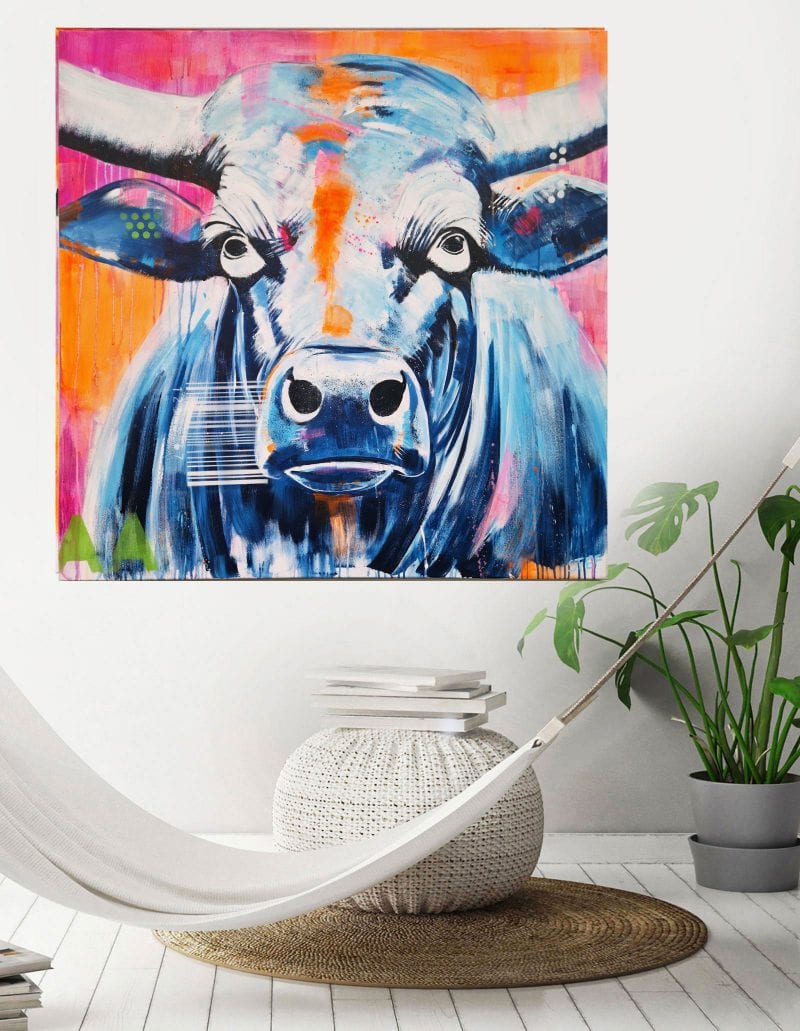 Bild Stier bunt, im Wohnraum, Kunst von Stefanie Rogge