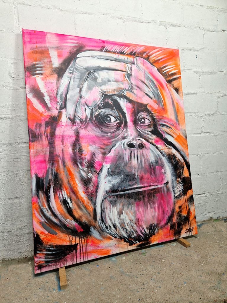Orang Utan Gemälde in Neon Farben Pink orange Pop Art modern Kunst
