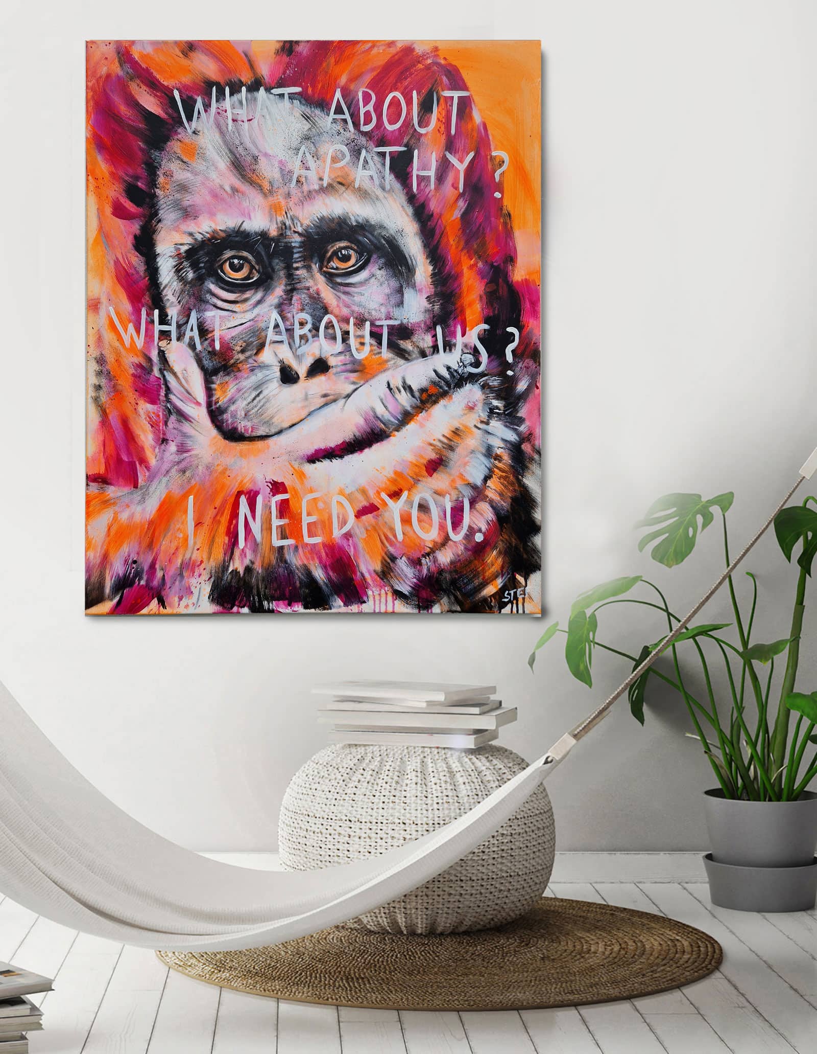 Orang Utan Gemälde im Raum, moderne Tiermalerei, Klimakrise Kunst